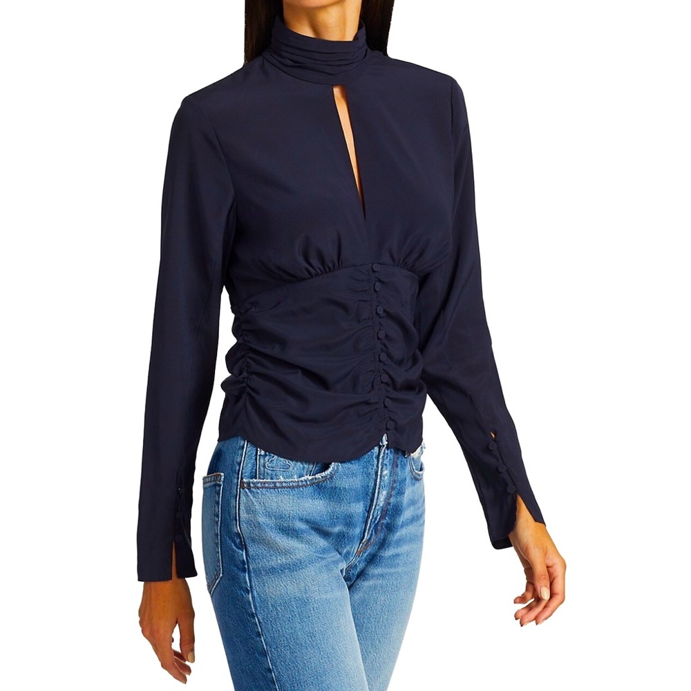 FRAME Silk Navy Felicity Highneck Keyhole Ruched Crop Top Sz Large NWT